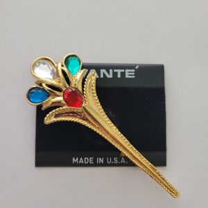 Vintage 1980-90s Statement Brooch Pin Gold Tone Acrylic Cabochon Multicolor